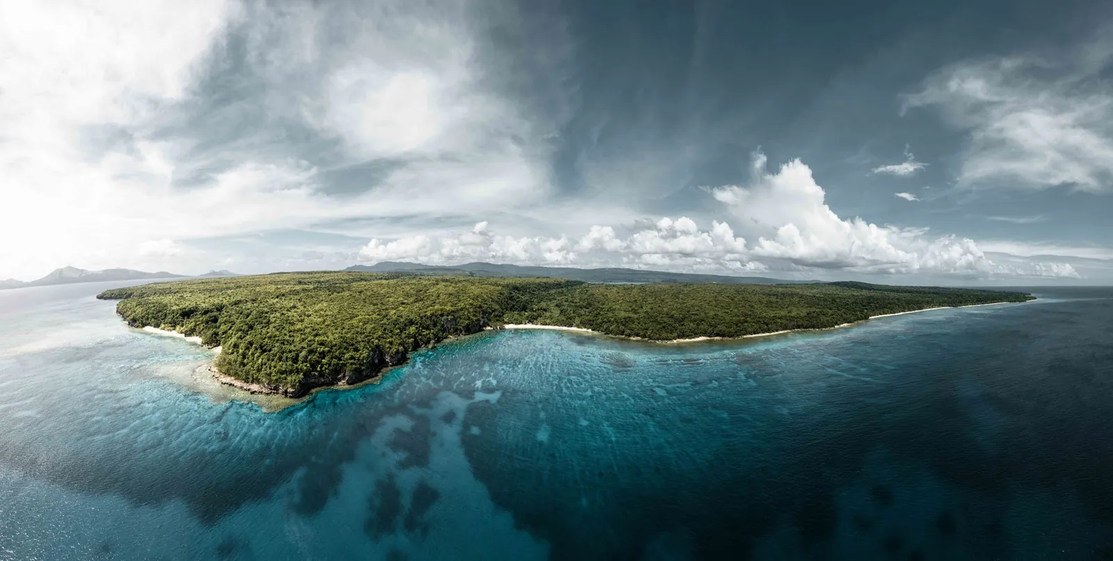 Luftaufnahme einer grünen Insel mit Korallenriffen vor der Küste Vanuatus